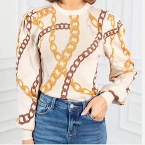 Flying Tomato Chain Print Puff Sleeve Sweater SZ XS NWOT